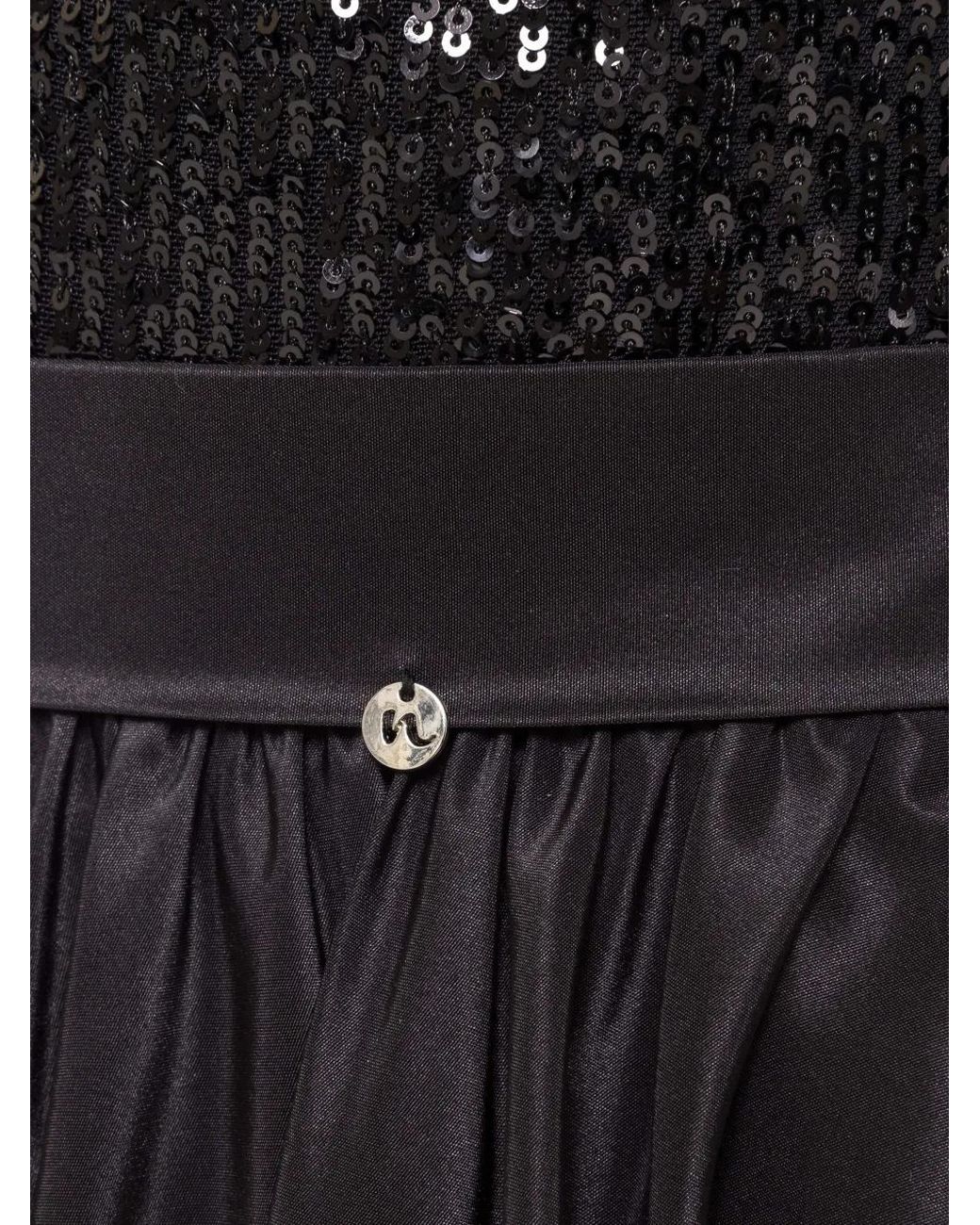 Nissa Black Sequin-Panel Taffeta Midi Dress
