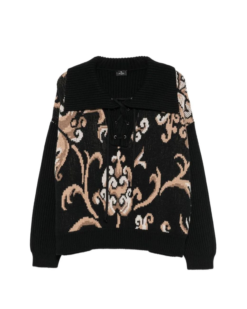 Etro Black Intarsia-Knit Lace-Up Sweater