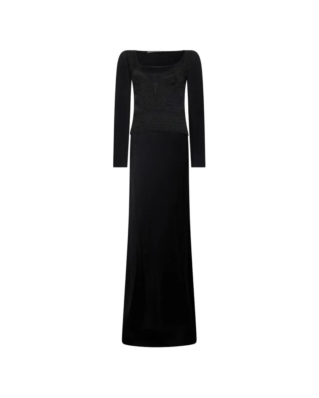 Alberta Ferretti Black Lace-Insert Long-Sleeve Maxi Dress