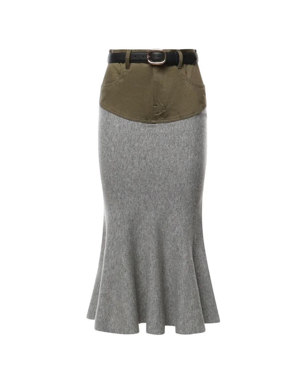 Self-Portrait Gray Knit-Khaki Denim-Insert Midi Skirt