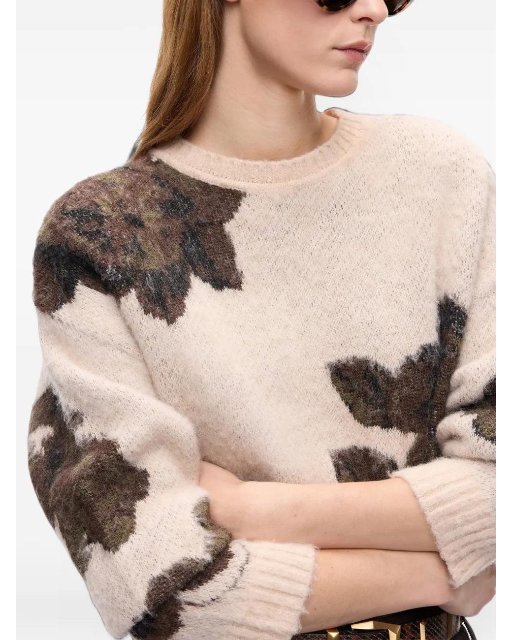 Pinko Black Relaxed Fit Soft Jacquard Sweater With Floral Patterns
