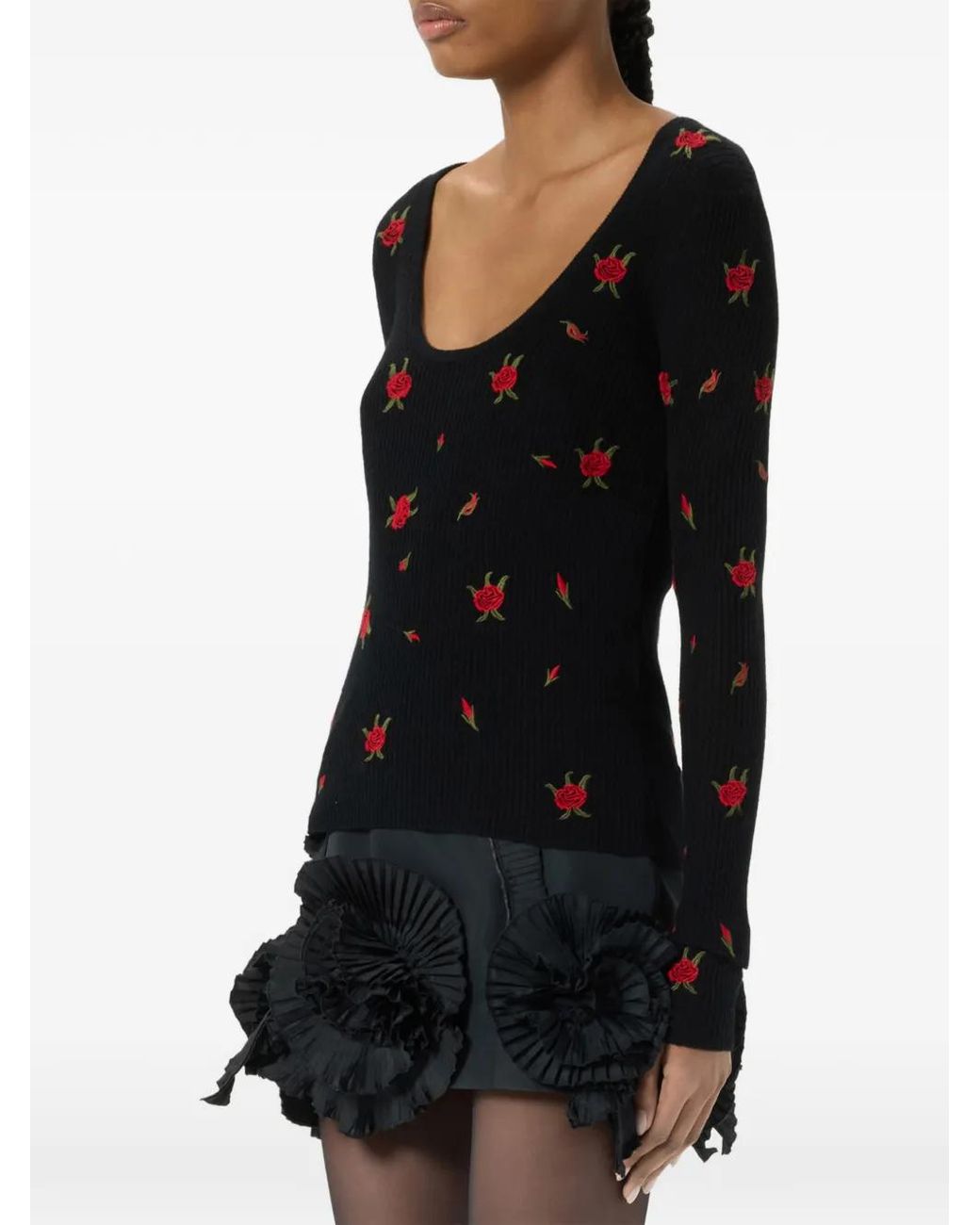 Blumarine Black Wool Jumper With Rose Embroidery