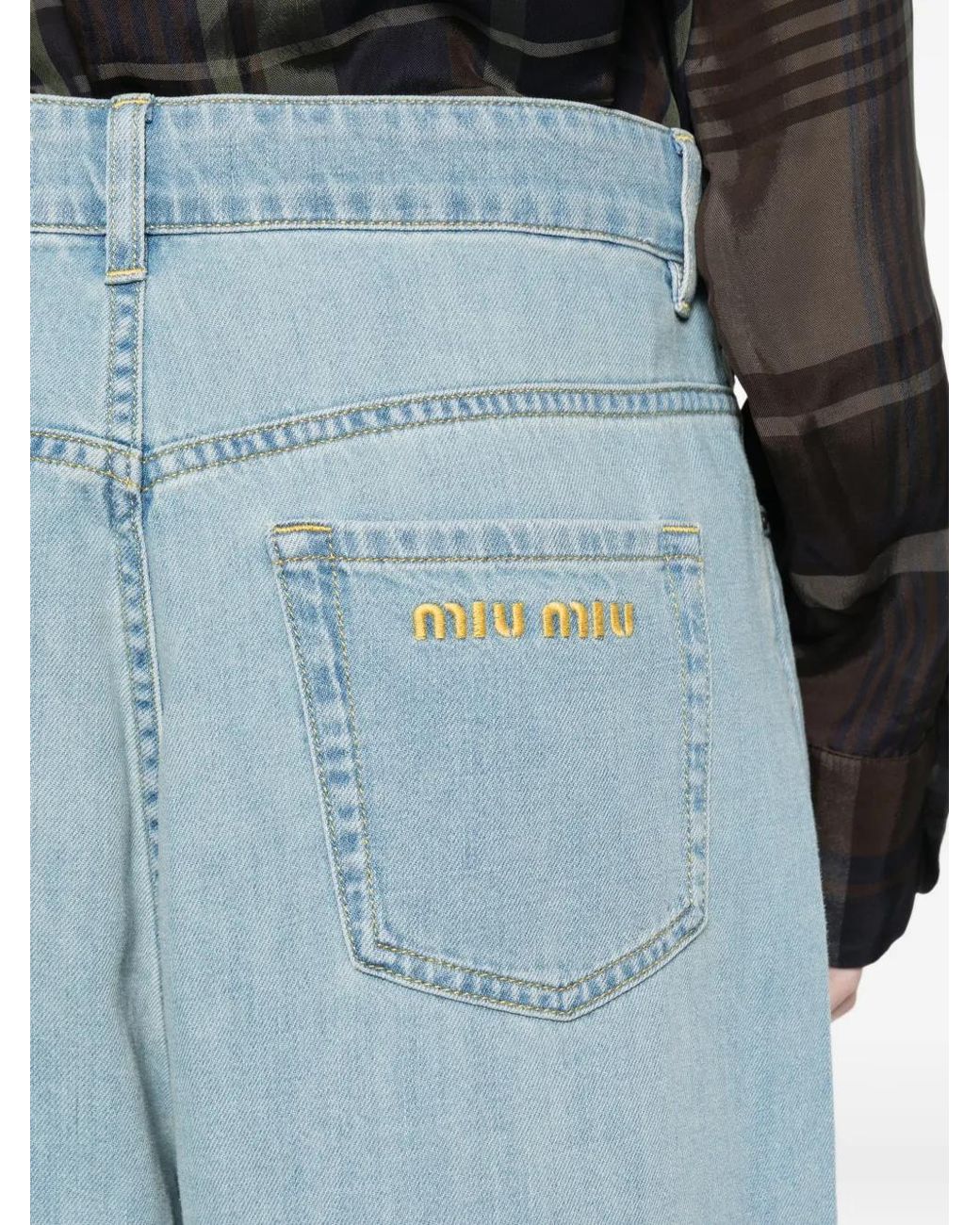 Miu Miu Blue Logo-Embroidered Wide-Leg Jeans
