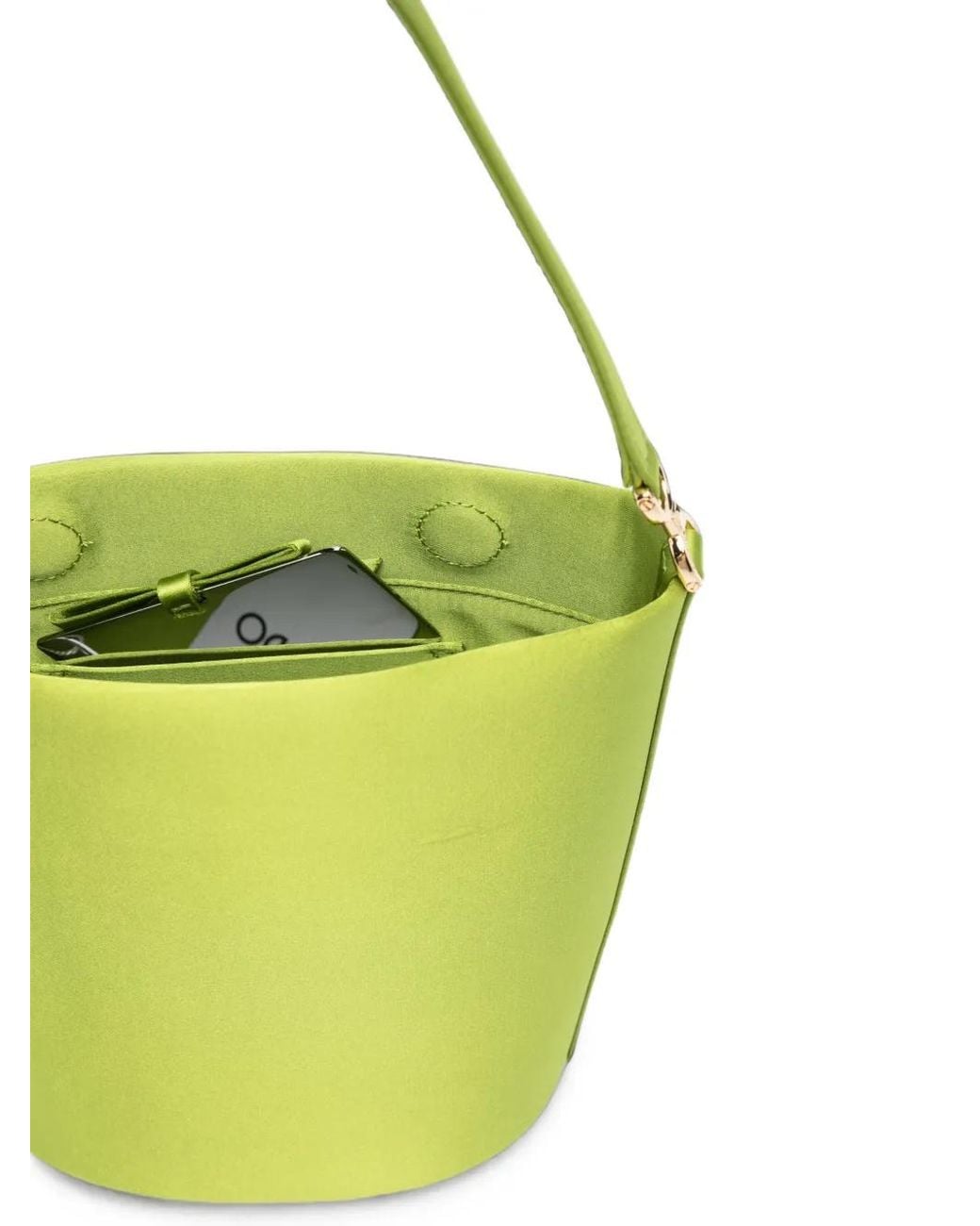 Self-Portrait Green Floral-Charm Satin Bucket Bag