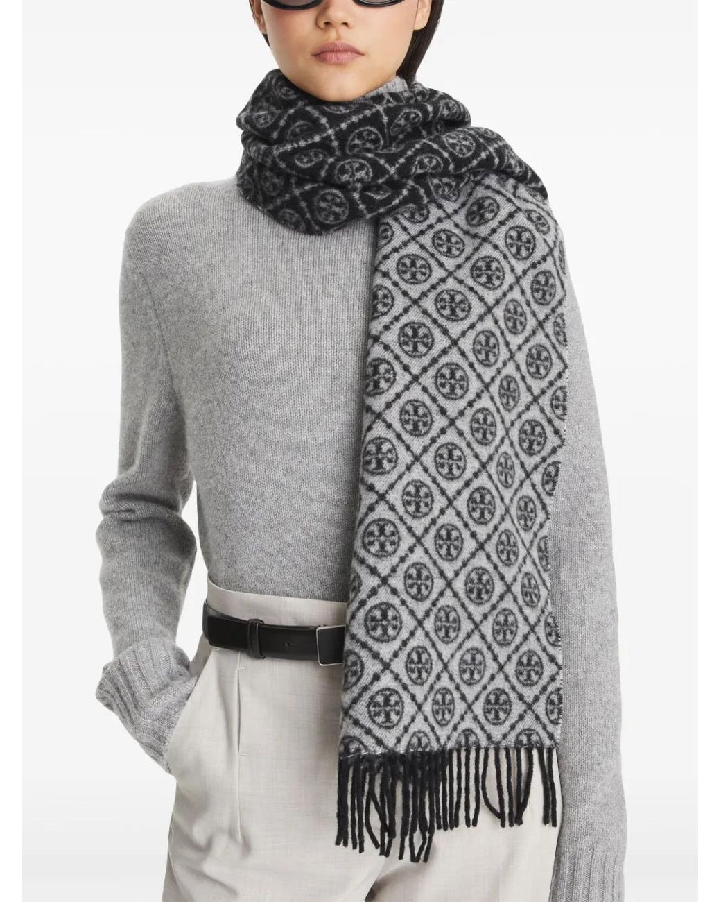 Tory Burch Gray T-Monogram Oblong Scarf