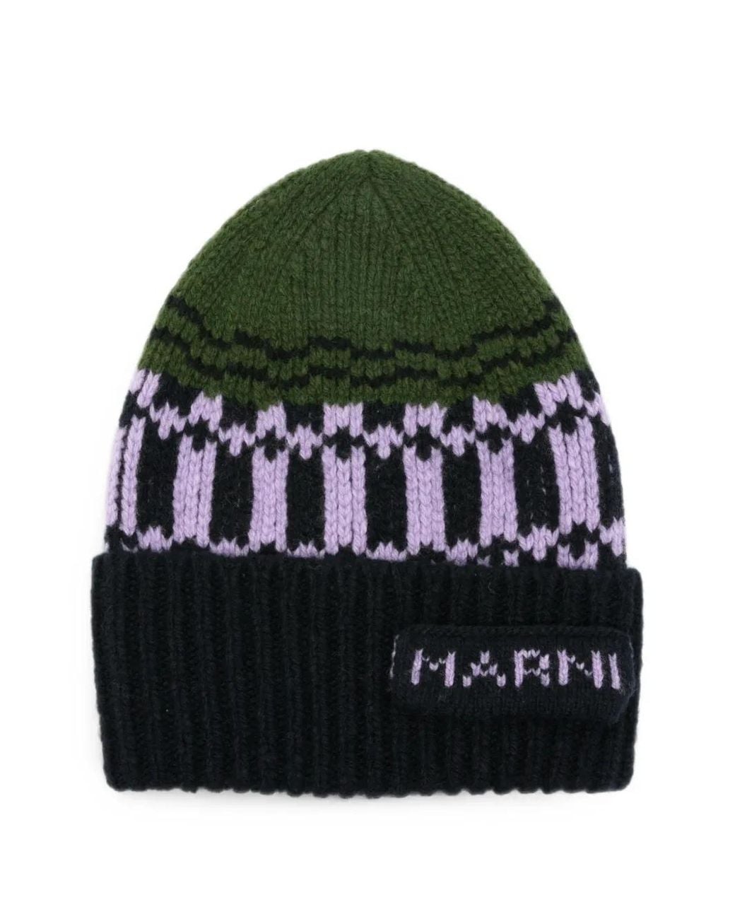 Marni Green Logo-Patch Beanie Hat