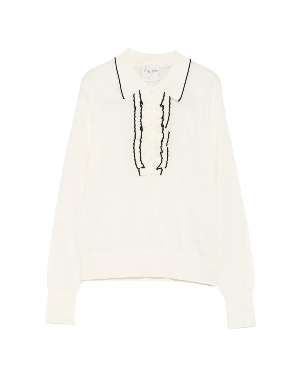 Forte_forte White Pull À Col Polo Et Bordure Volantée
