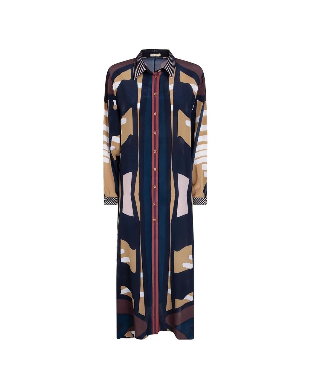 VOLANTIS Blue Riad Abstract-Print Silk Shirt Dress