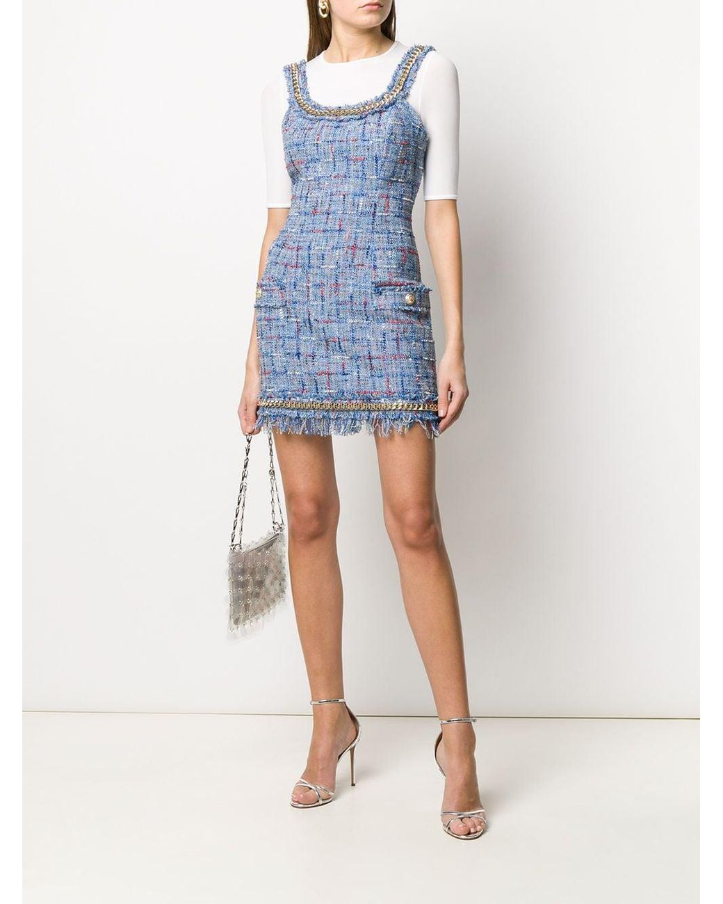 Balmain Tweed Chain Short Dress in Blue | Lyst Canada