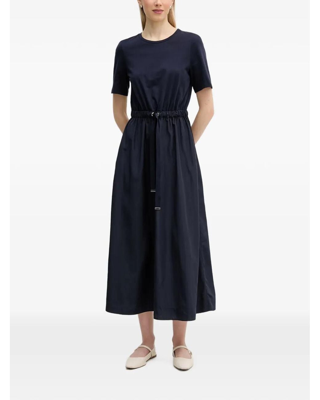 Ouí Blue Drawstring-Waist Short-Sleeve Midi Dress
