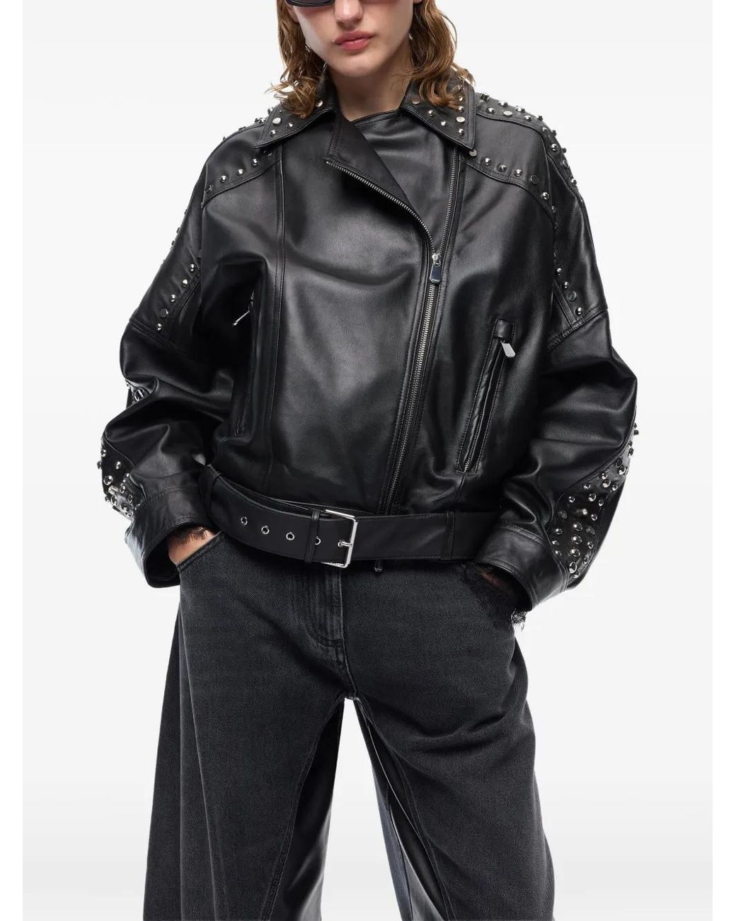 Pinko Black Nappa Leather Biker-Style Jacket With Studs