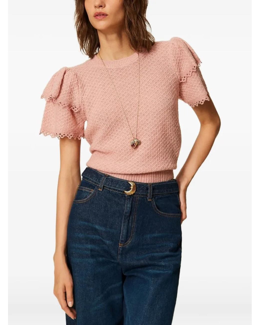 Twinset Pink Crew Neck Sweater With Flounces