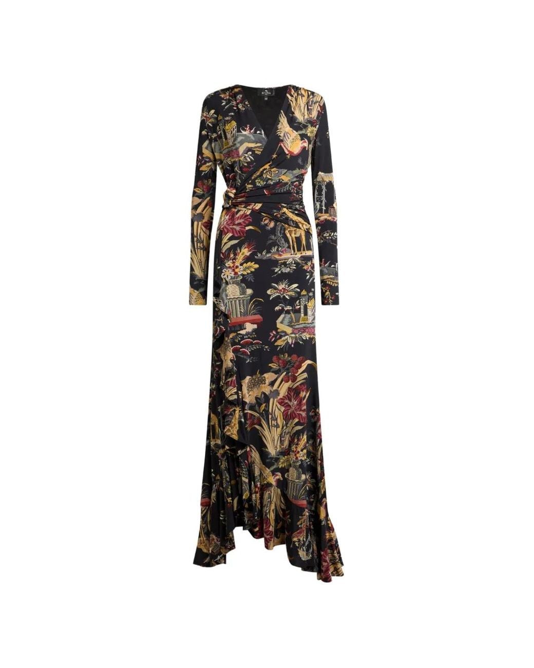 Etro Black Long Jersey Wrap Dress With Flower And Animal Motif