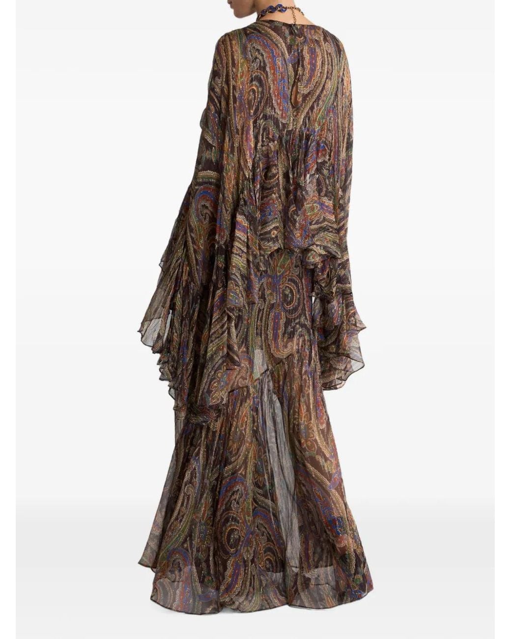 Etro Brown Silk Long Dress With Ruffles And Paisley Motif