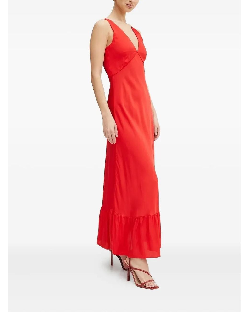 Twinset Red Plunge-Neck Frill-Hem Maxi Dress