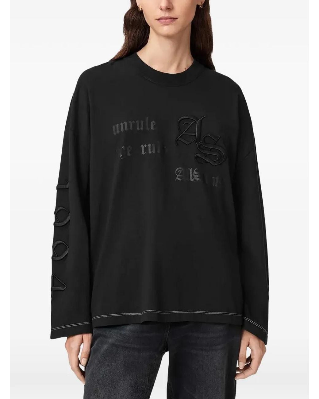 AllSaints Black Logo-Embroidered Long-Sleeves T-Shirt