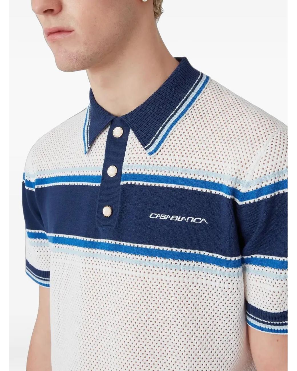Casablanca Blue Striped Mesh Short Sleeve Polo Shirt for men