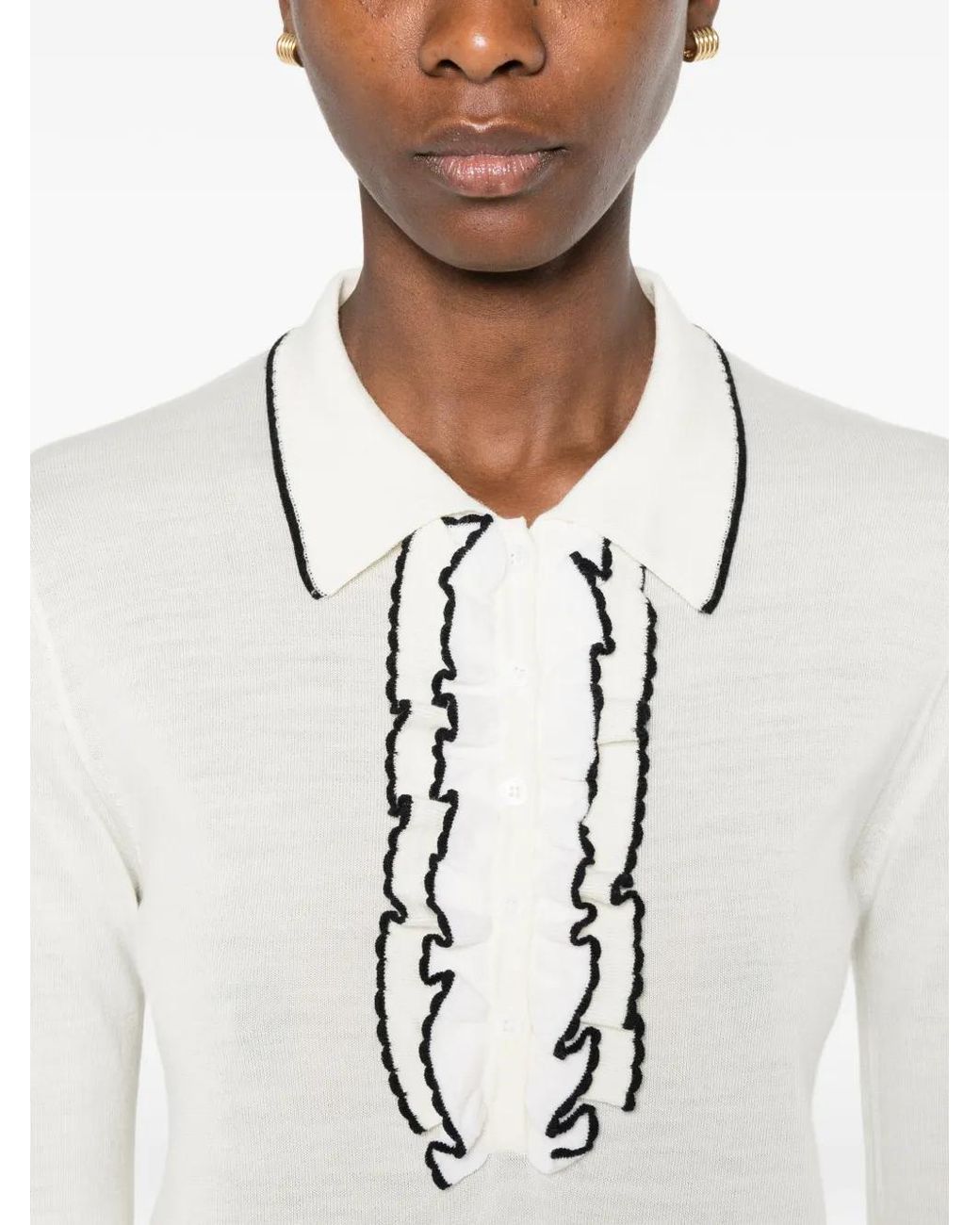 Forte_forte White Ruffled-Trim Polo Top