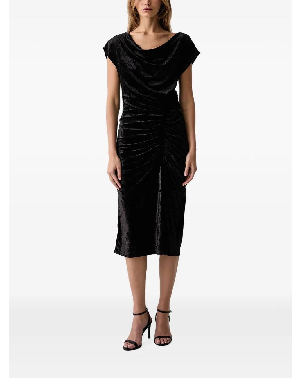 DKNY Black Ruched Crushed-Velvet Midi Dress