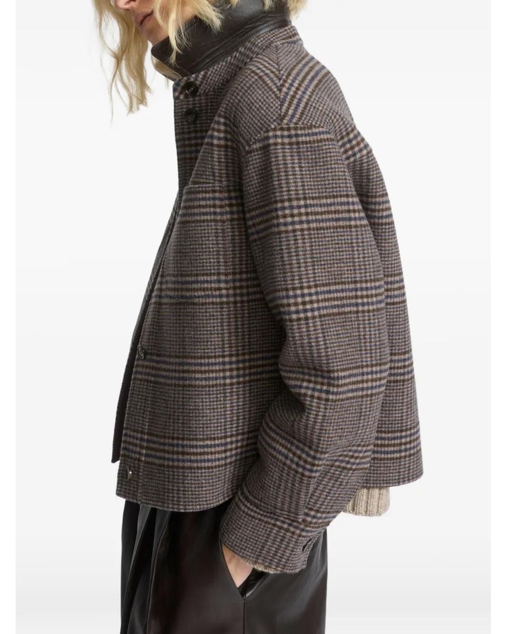 Yves Salomon Gray Check-Pattern Long-Sleeve Jacket