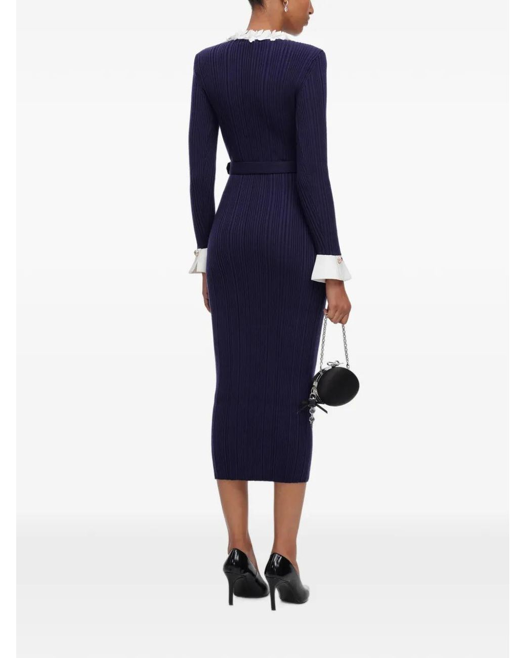 Self-Portrait Blue Flower Rib-Knit Midi Dress