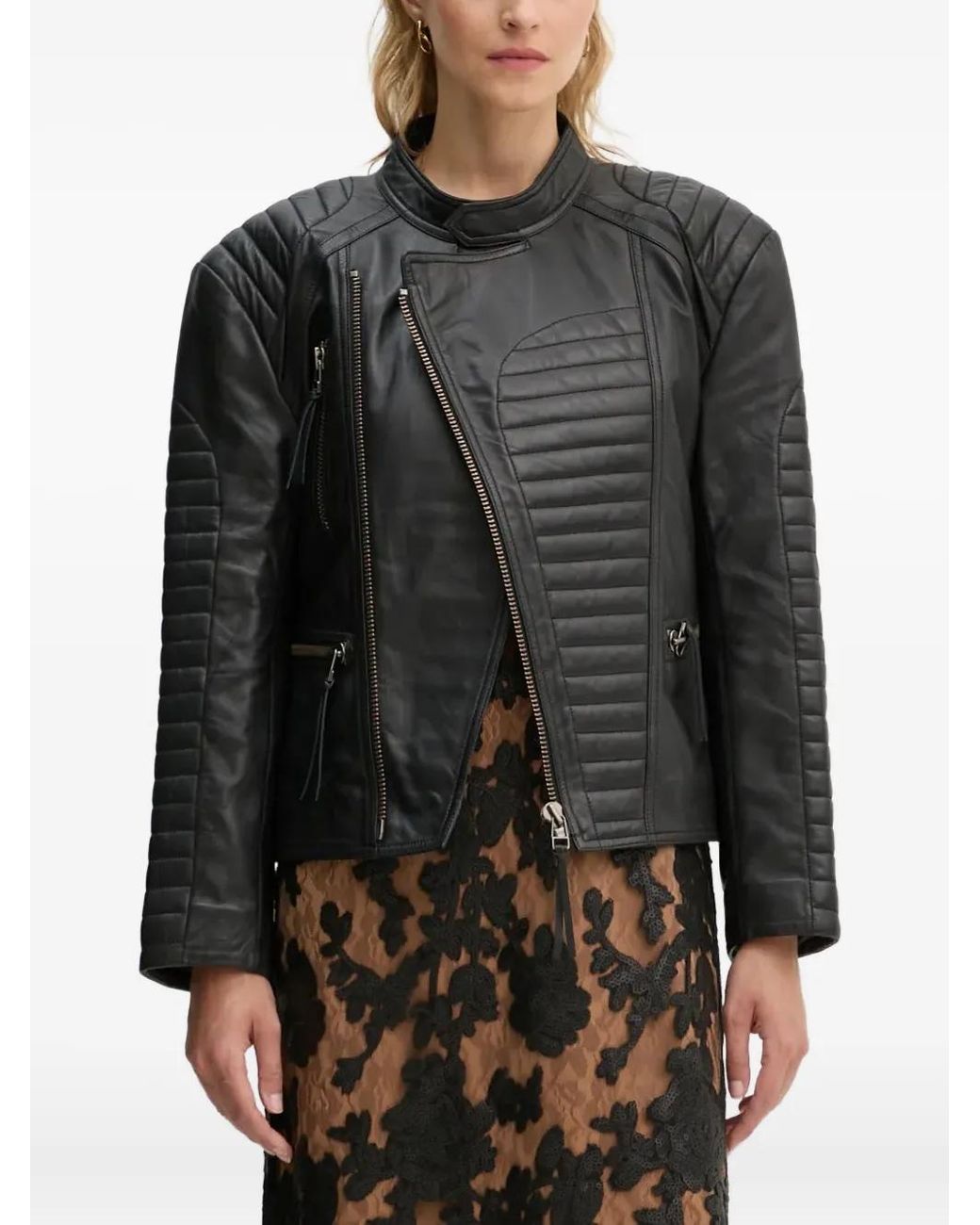 Munthe Black Quilted Panelled Leather Jacket