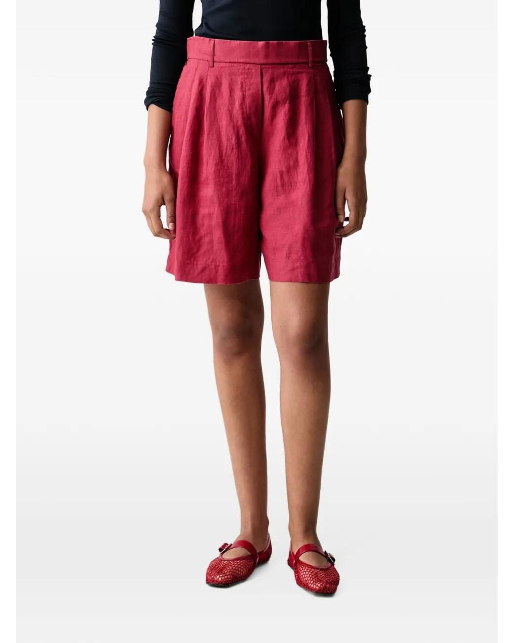 Benetton Red Pleated Elasticated-Waist Shorts