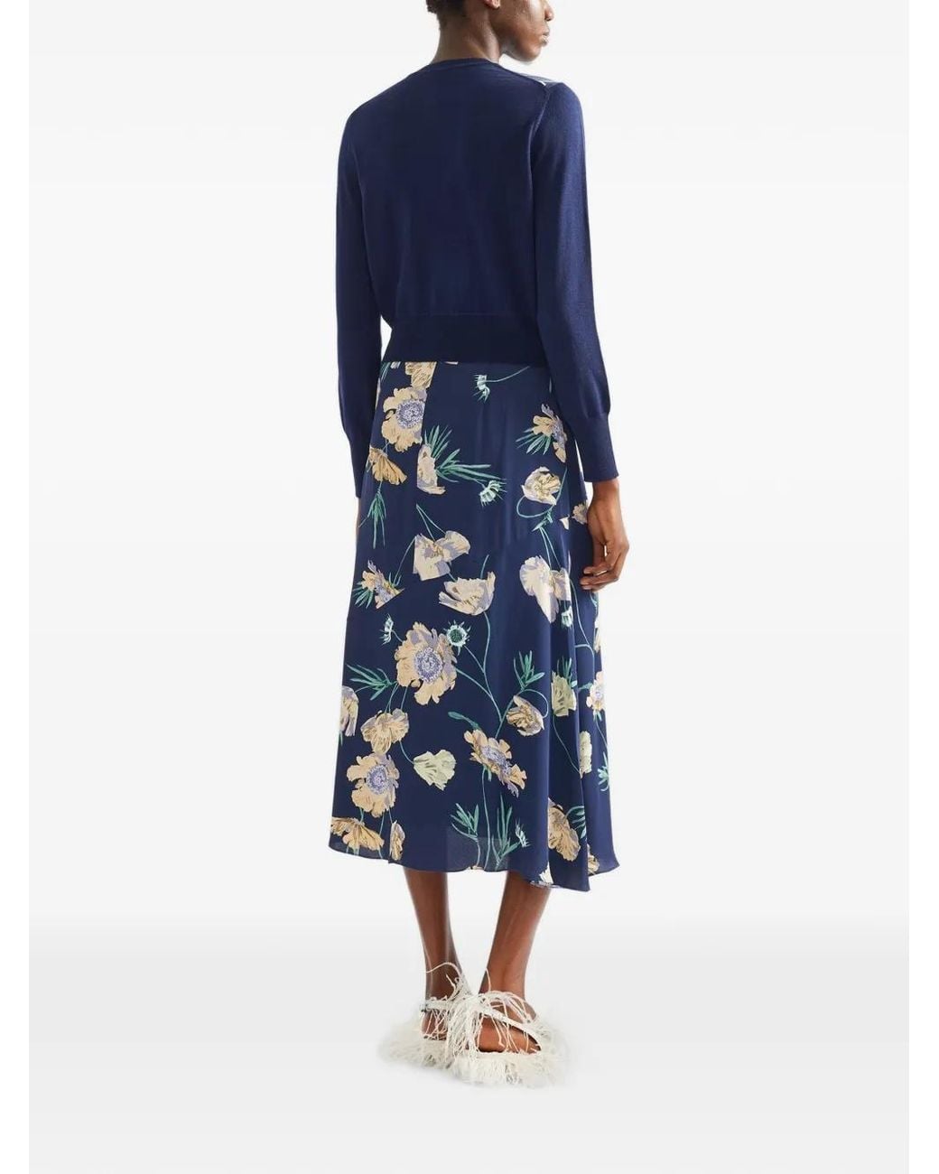 Erdem Blue Floral-Print A-Line Midi Skirt