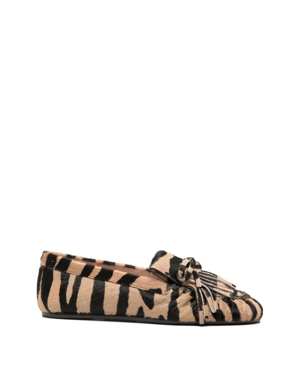 Stuart Weitzman White Fringe-Detail Zebra-Print Loafers