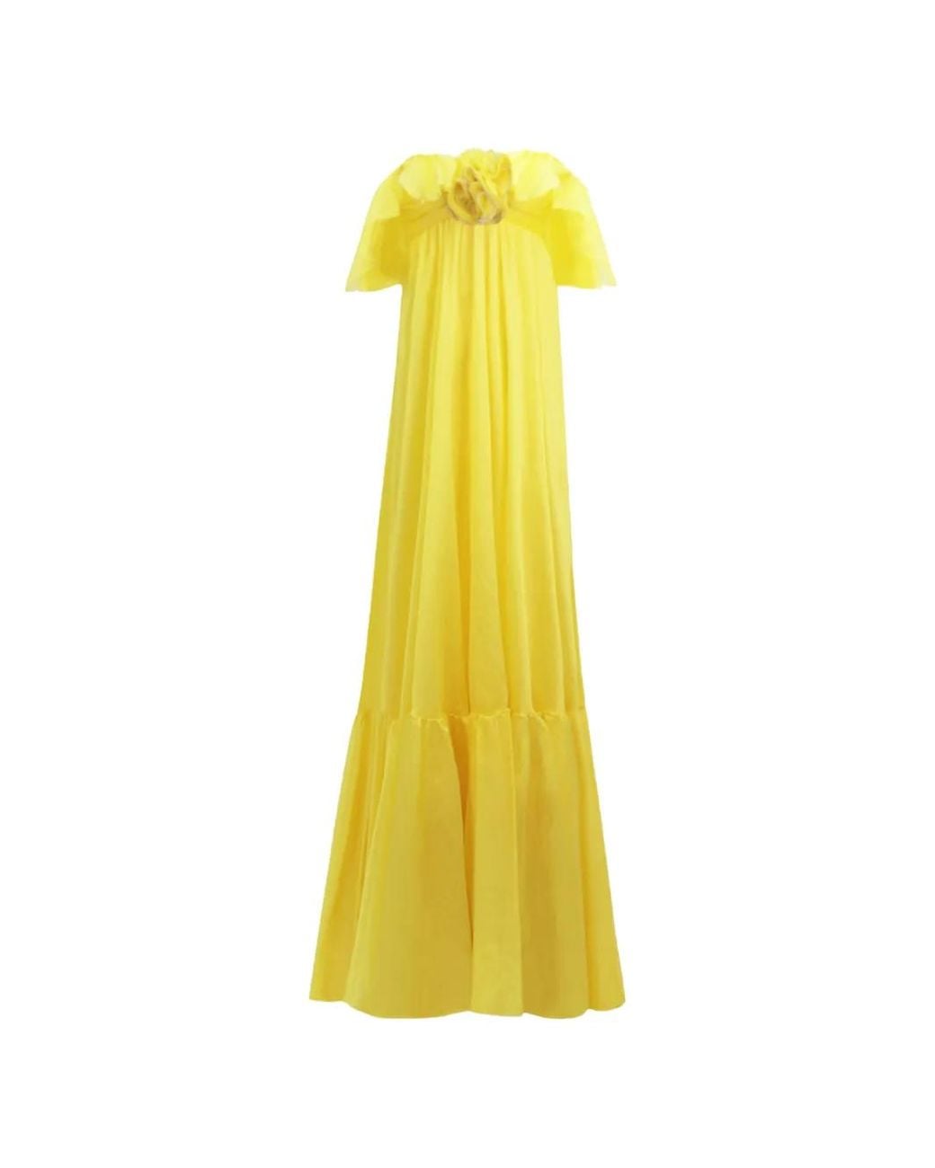 Gemy Maalouf Yellow Floral-Applique Ruffled Dress