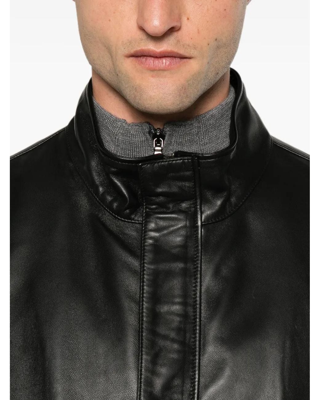 SERGIO MORETTI FIRENZE Black High-Neck Leather Jacket for men