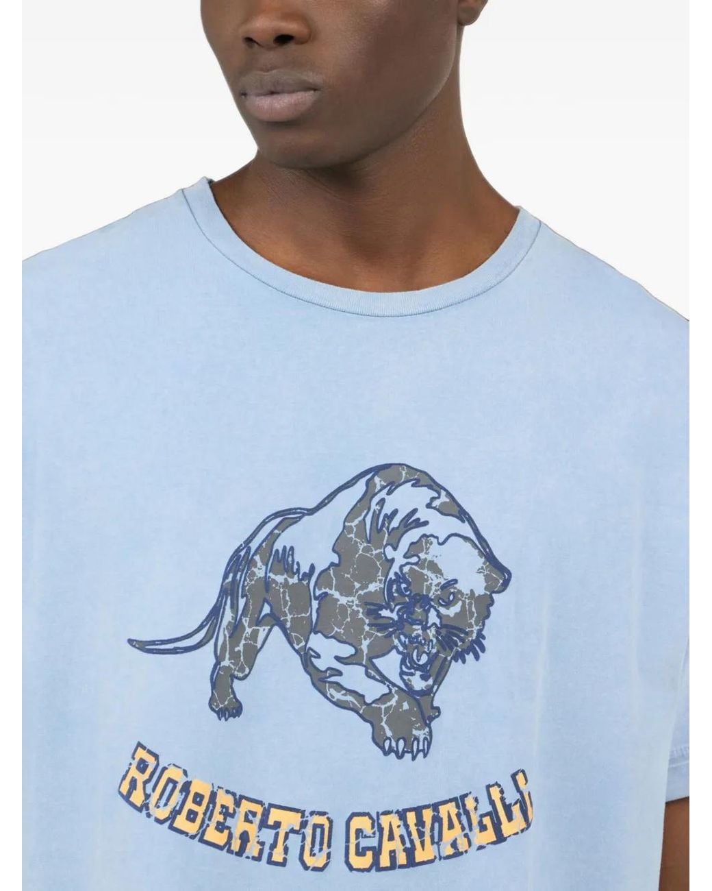 Roberto Cavalli Blue Logo-Print Cotton T-Shirt for men
