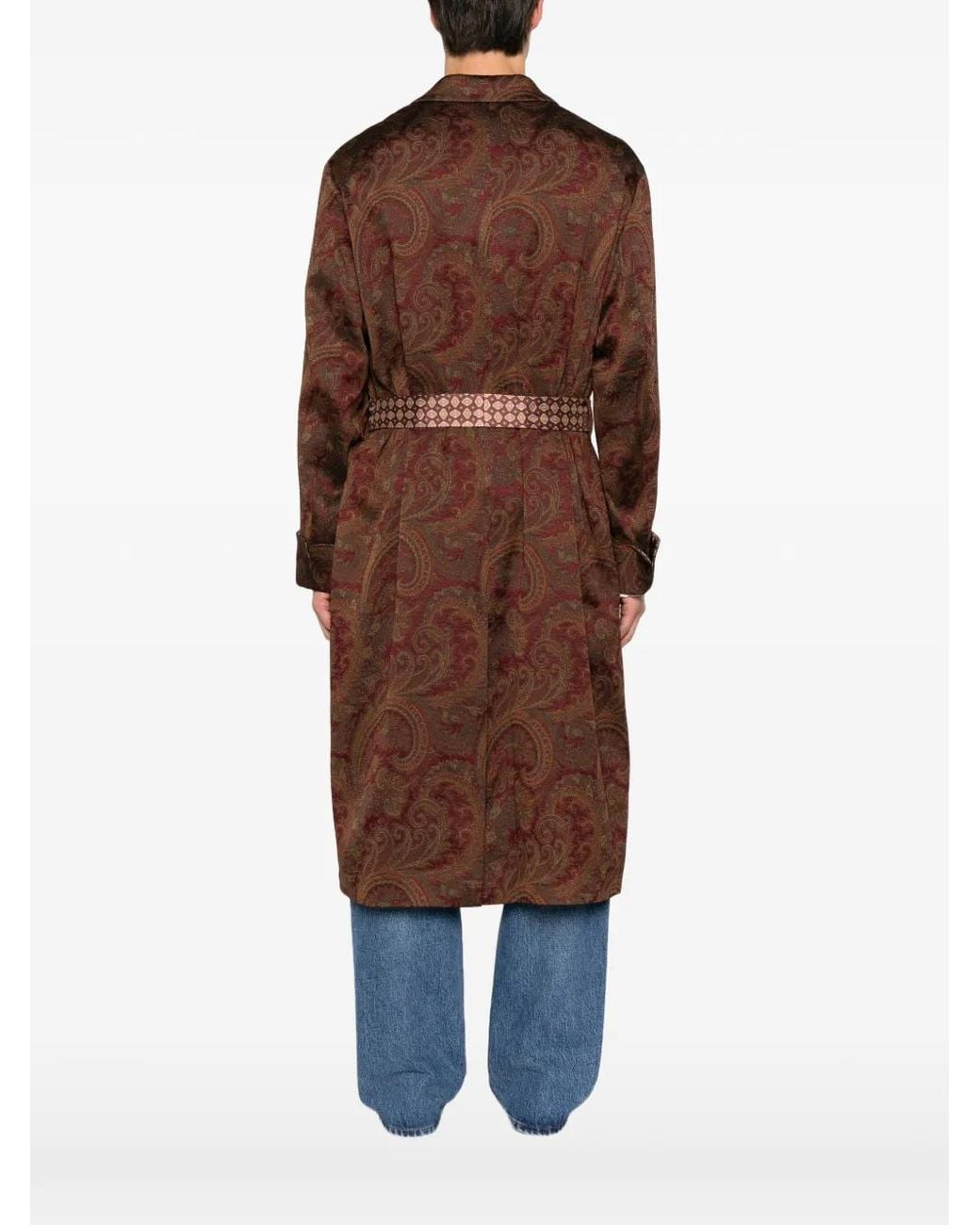 Etro Brown Belted Coat With Jacquard Paisley Print for men