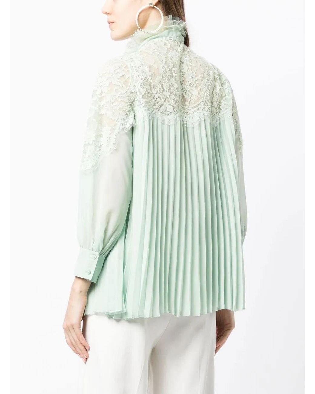 Shiatzy Chen Green Pleated Lace-Collared Blouse