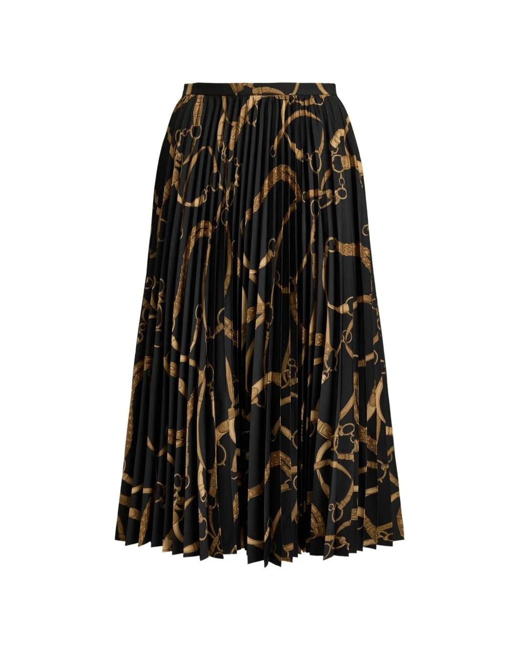 Ralph Lauren Black Belting-Print Pleated Midi Skirt