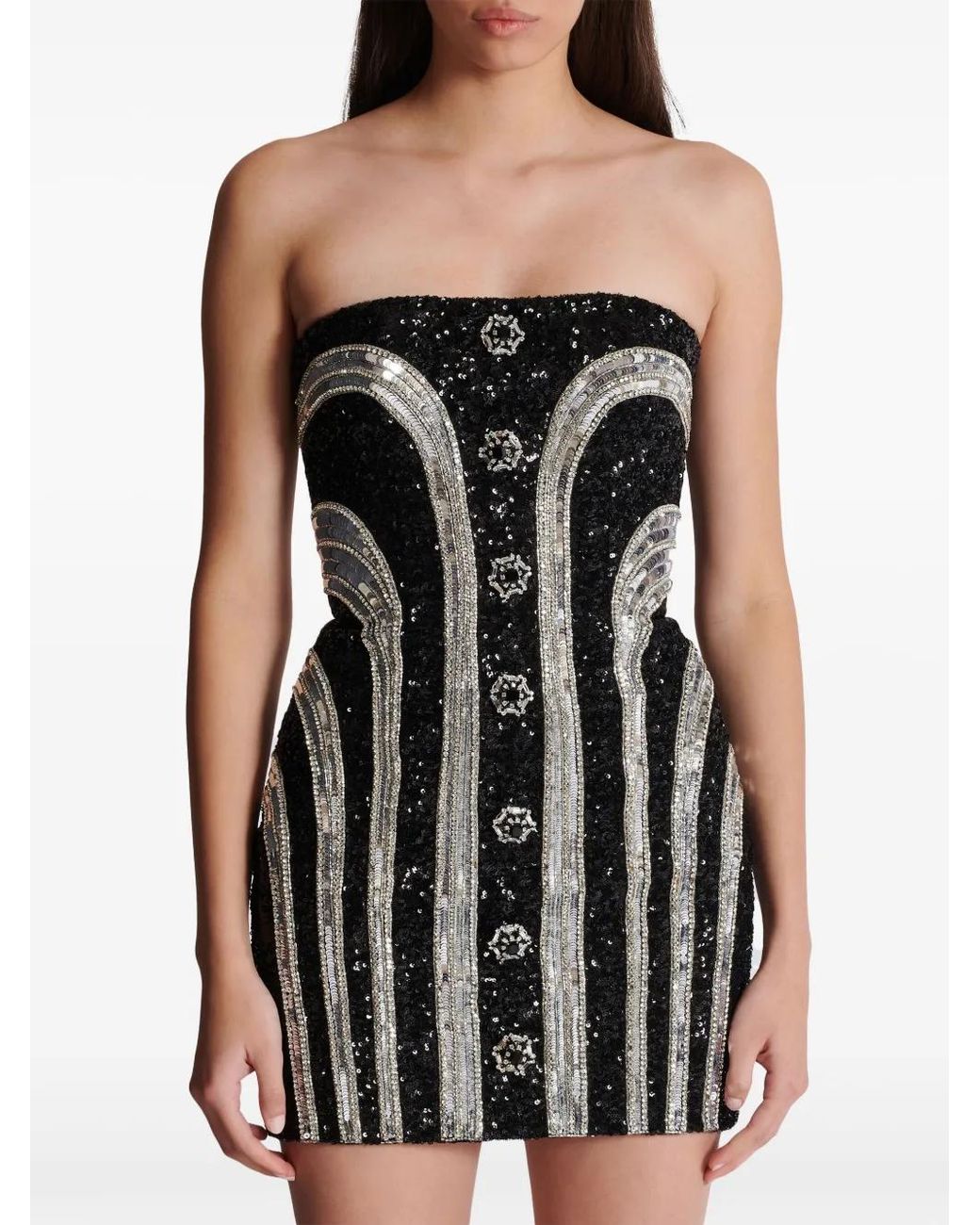 Balmain Black Strapless Embellished Sequin Mini Dress