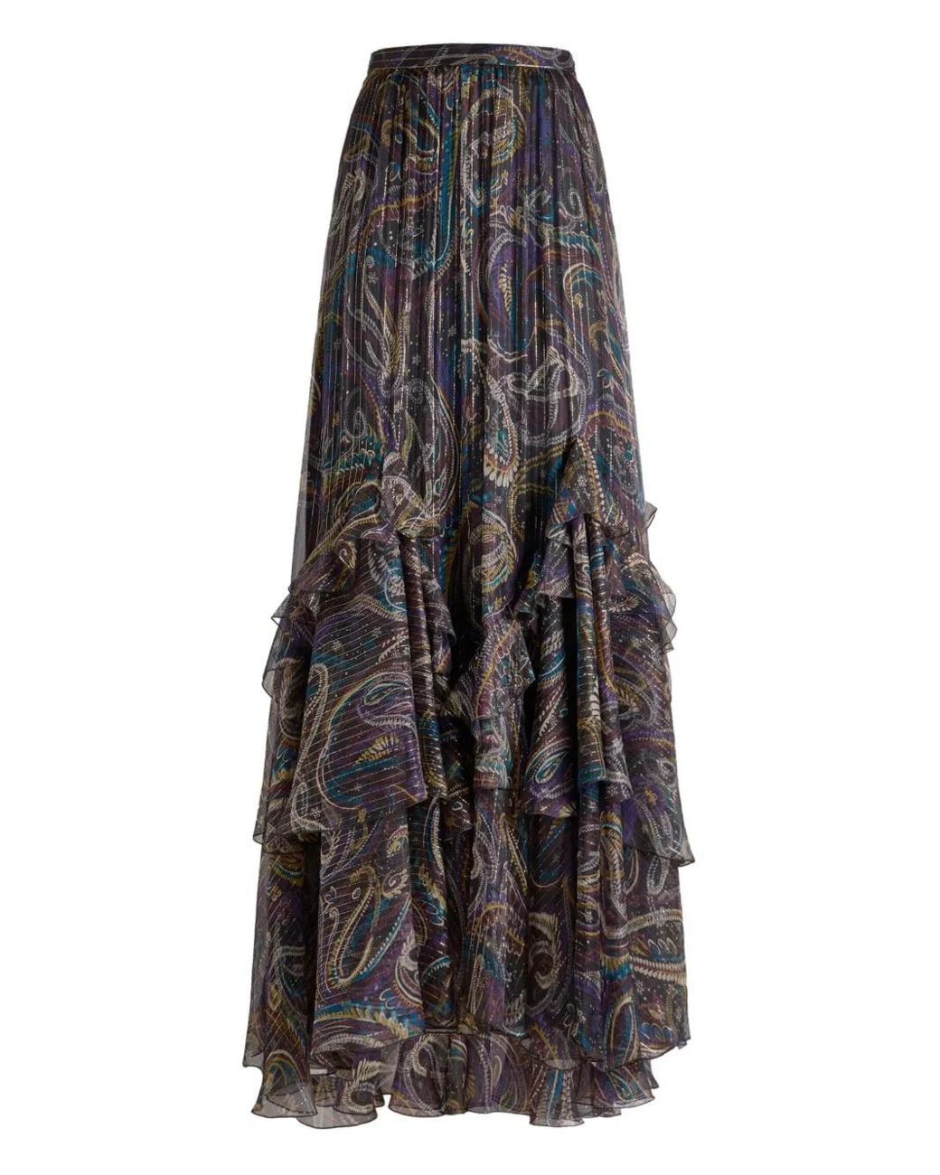 Etro Gray Silk Maxi Skirt With Paisley Foliage Motif