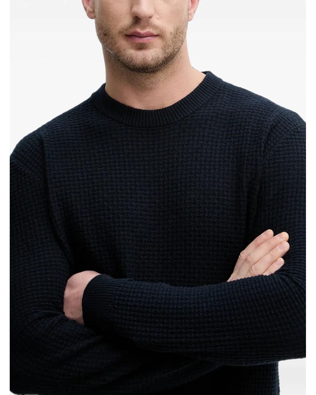 Sisley Blue Waffle-Knit Crew-Neck Sweater for men