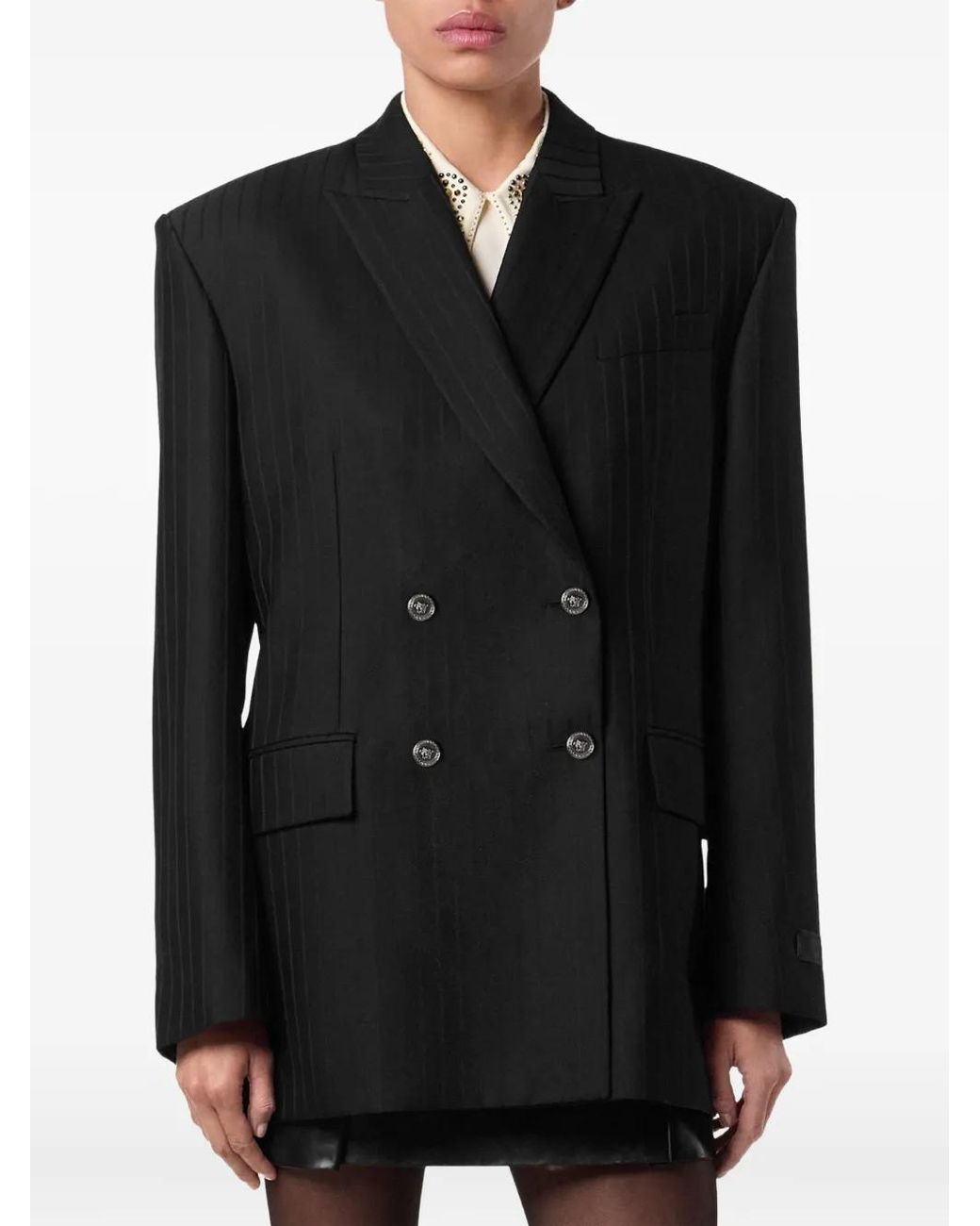 Versace Black Pinstripe Double-Breasted Blazer