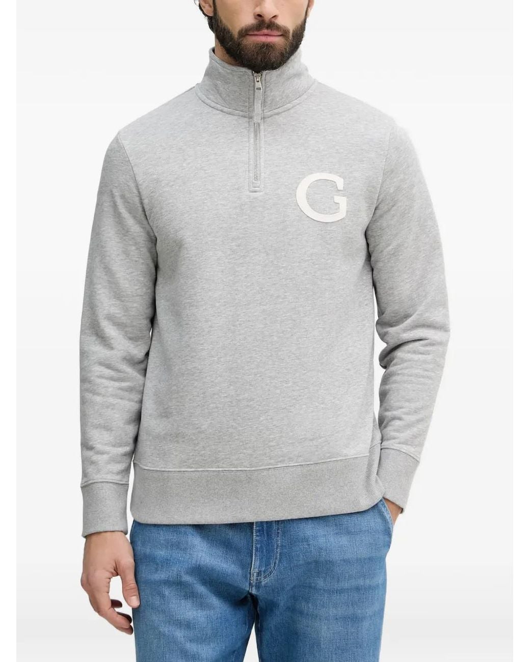 Gant Gray Logo-Patch Quarter-Zip Sweater for men