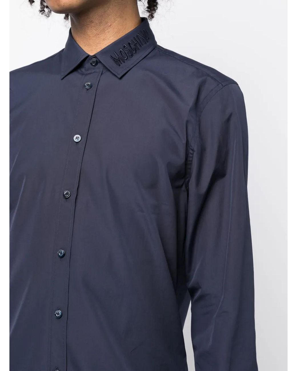 Moschino Blue Logo-Embroidered Cotton Shirt for men