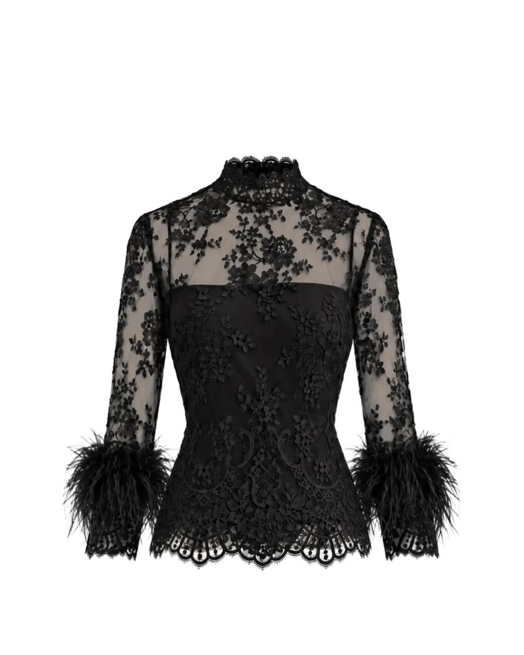 Gemy Maalouf Black Feather-Trim Lace Top