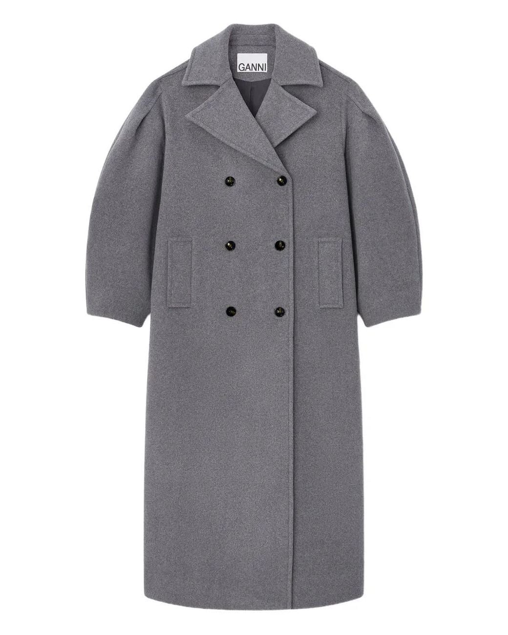 Ganni Gray Balloon-Sleeves Double-Breasted Coat