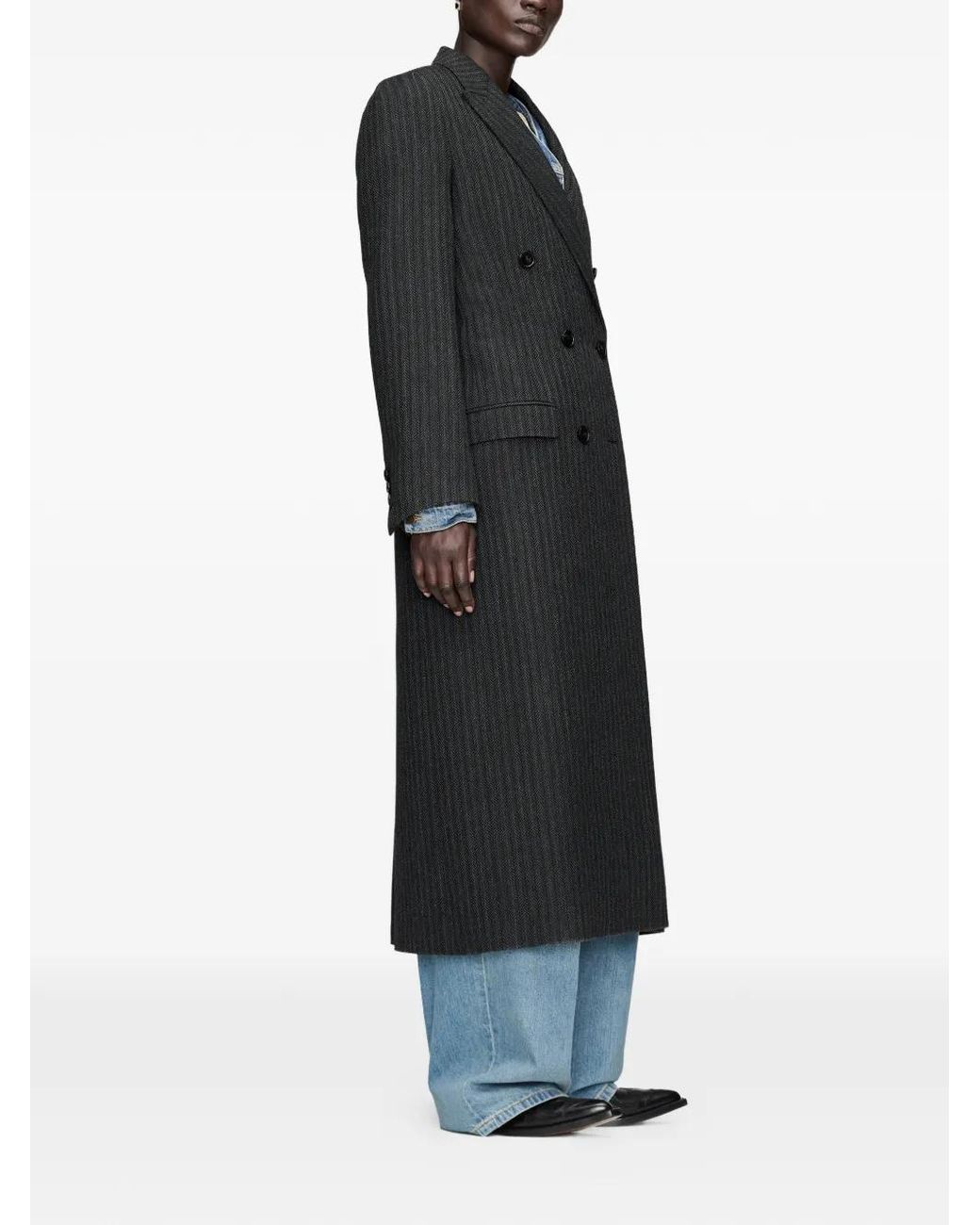 Maison Margiela Black Herringbone-Pattern Double-Breasted Coat