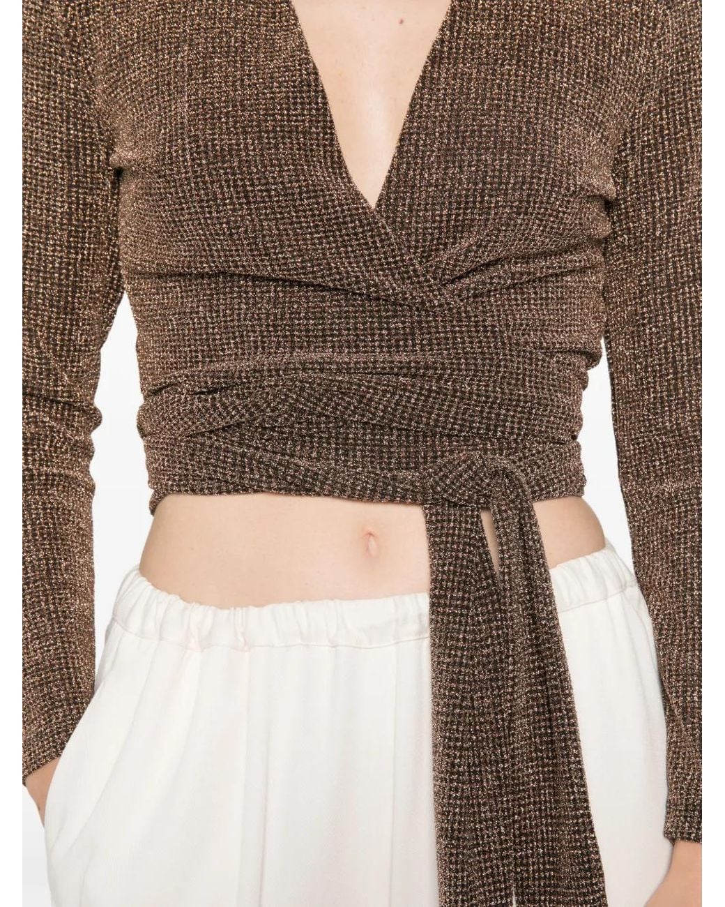 Siyu Brown Check-Pattern Wrap-Fastening Top