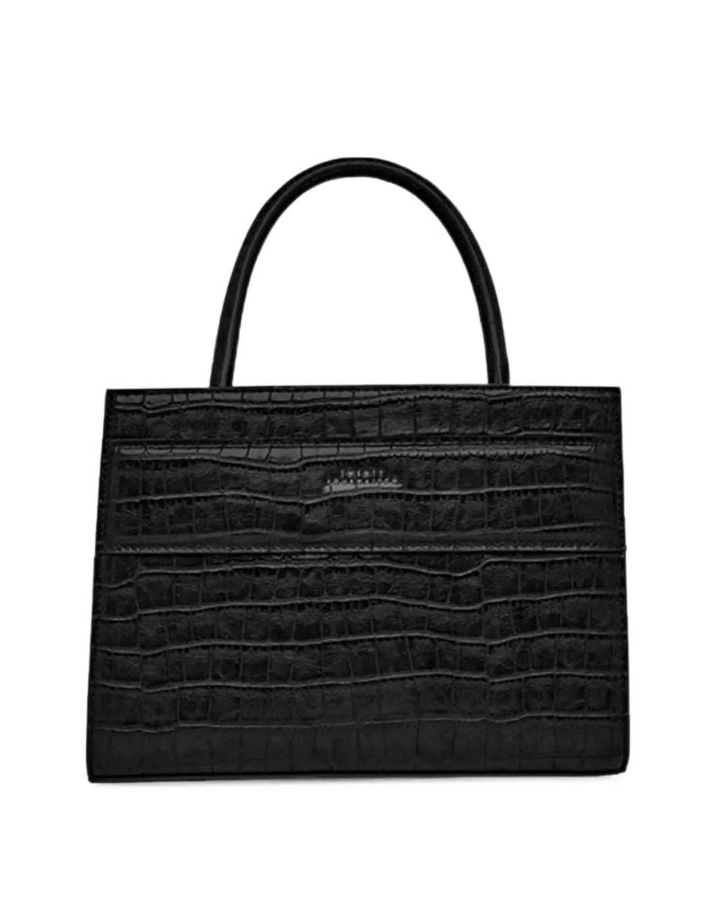 Twentyfourhaitch Black Mini Serane Croc-Embossed Leather Tote Bag