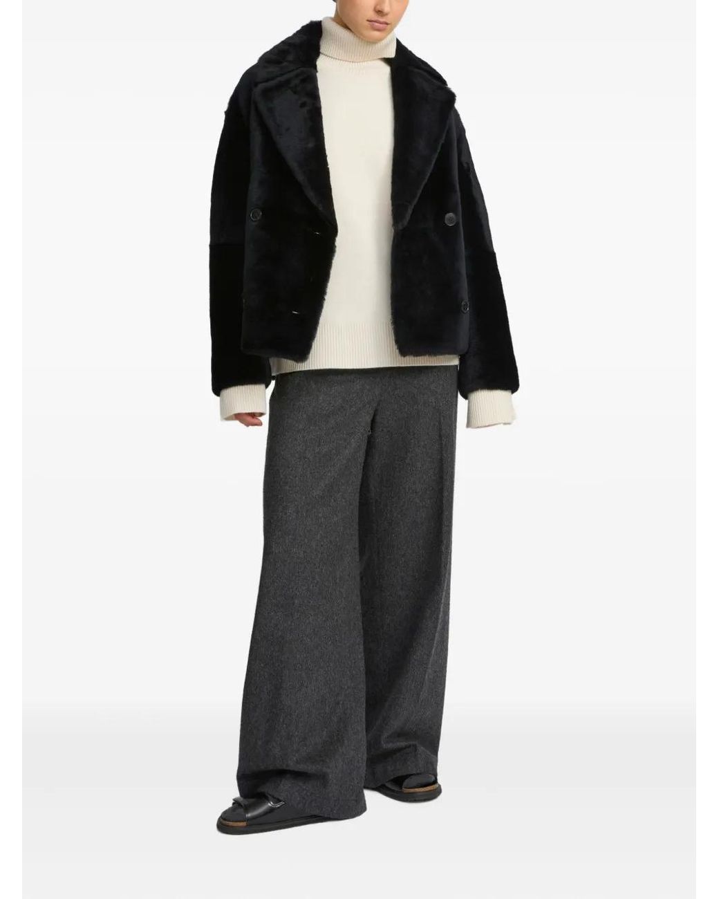 Yves Salomon Black Shearling Pea Jacket