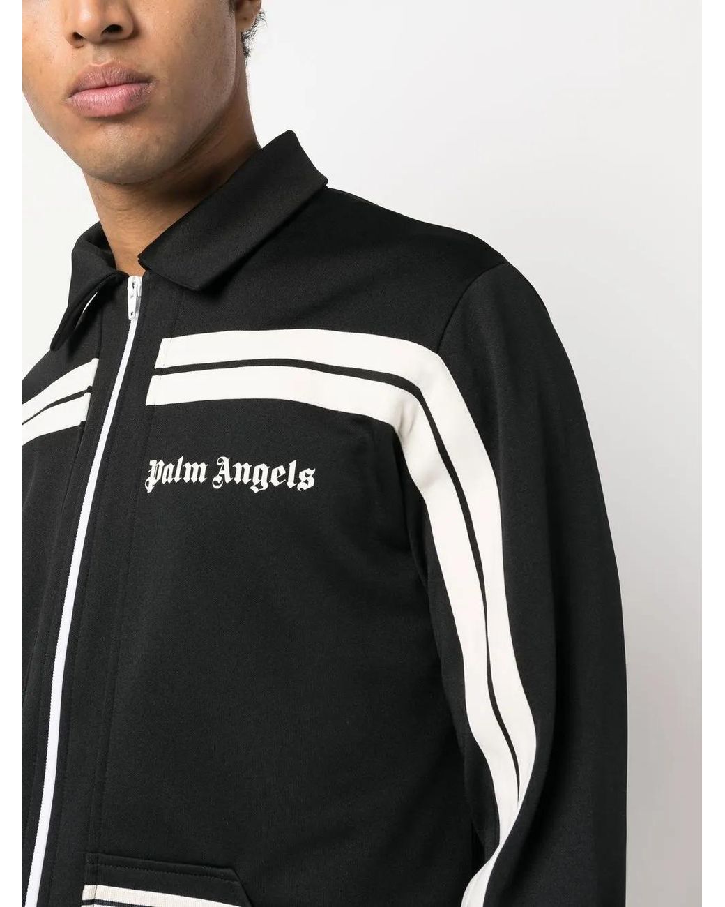 Palm Angels Black Logo-Print Panelled Zip-Up Jacket for men