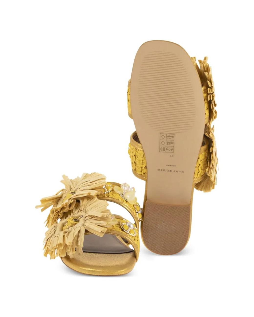 Kurt Geiger Metallic Raffia-Fringe Floral-Embellished Sandals