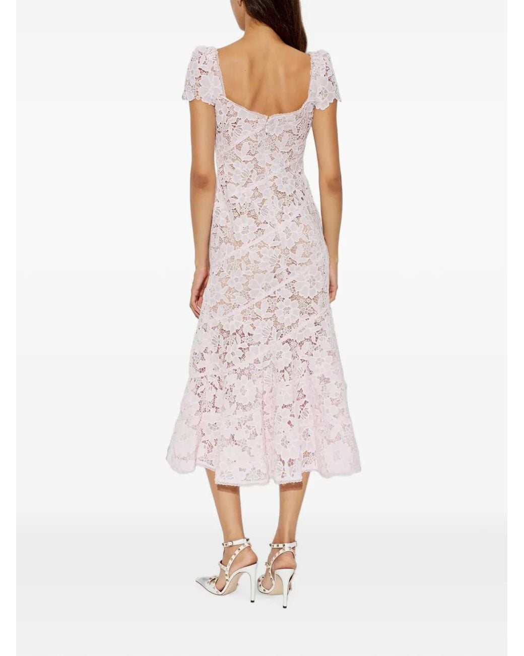 Self-Portrait Pink Floral-Lace Fluted-Hem Midi Dress
